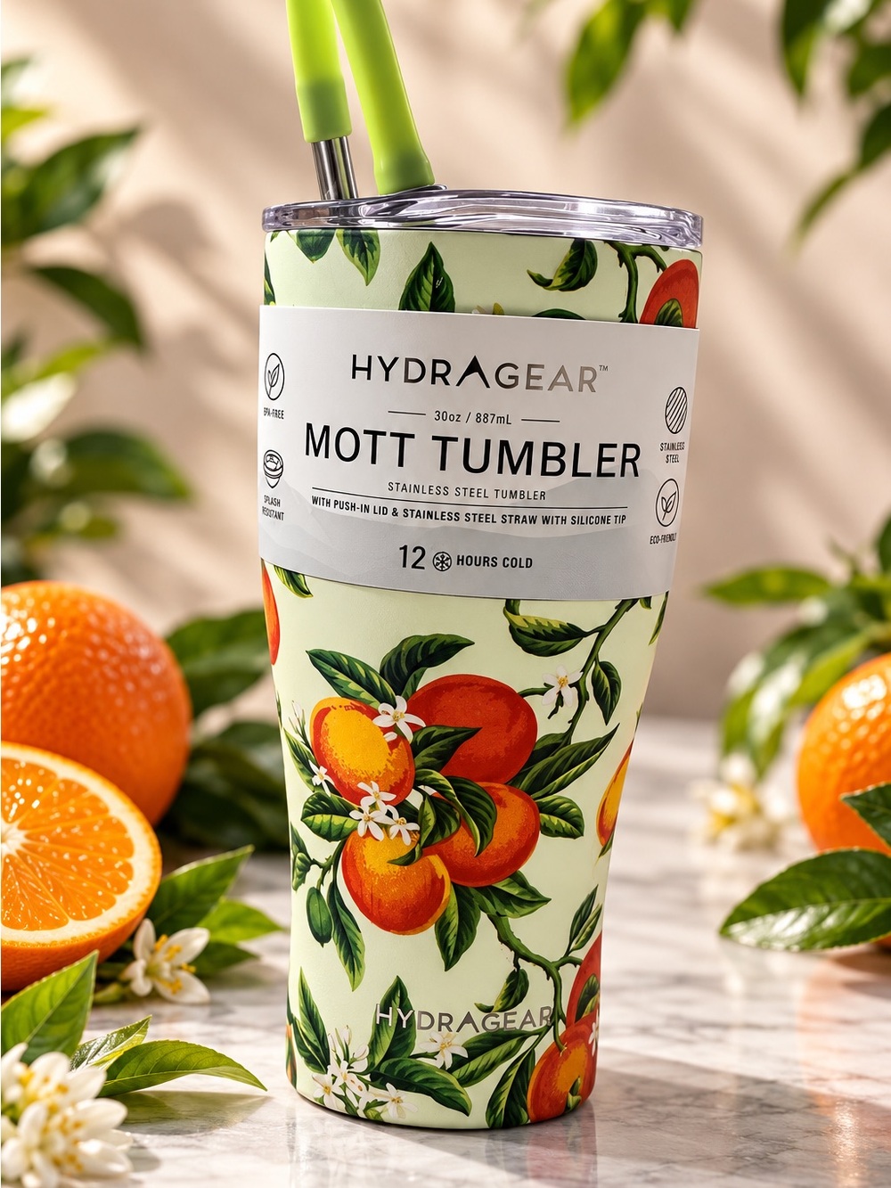 HydraGear Mott Tumbler - Green with Orange Fruit Print